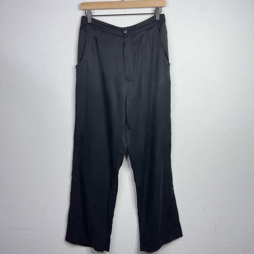 Djerf Avenue On the Go Pants Women L Ash Black Cupro Relaxed Wide Leg Minimalist